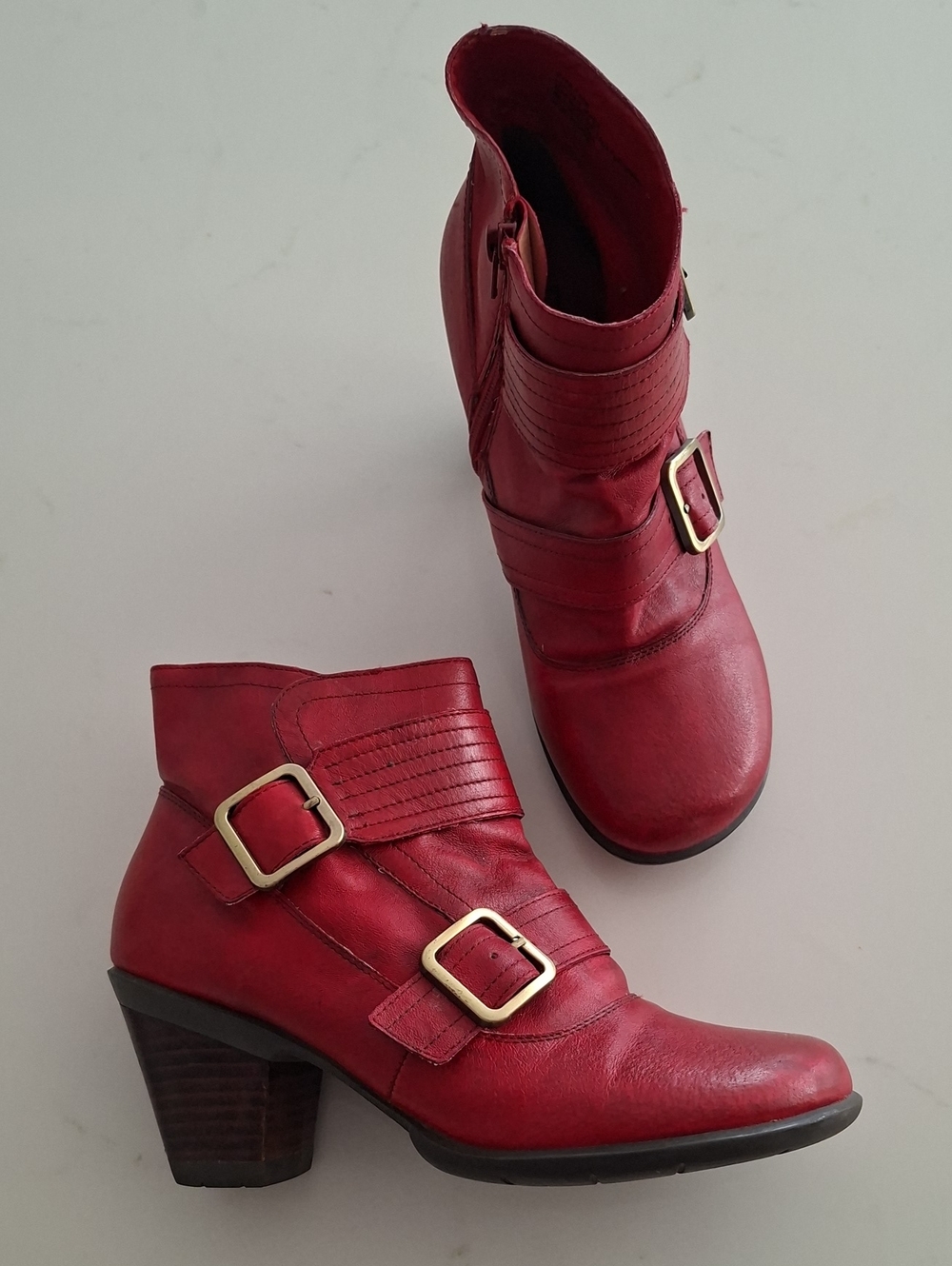 Miz Mooz Vibrant Red Leather Buckle Detail/Moto-style Ankle Boots (US 7.5/EU 38)